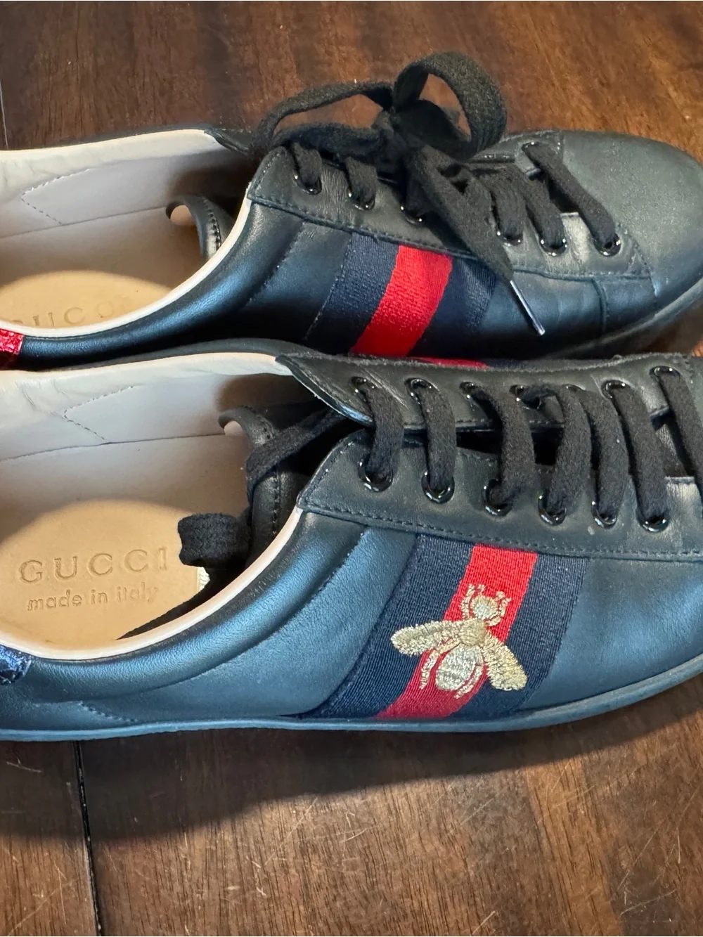Gucci Black Leather Ace Sneaker with Red & Blue Stripe and Gold Bee